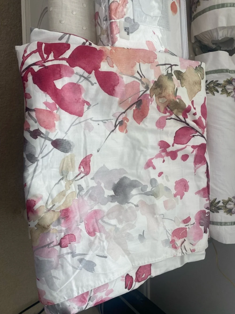 Floral Watercolor Duvet Cover - White with Pink & Gray Accents